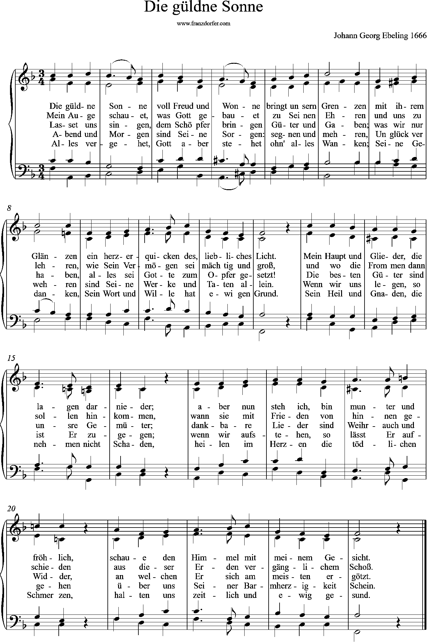 Chor-, Orgelnoten, 4stimmig, F-Dur, Die güldne Sonne